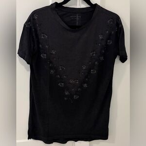 All Saints Black Short Sleeve Tee with Subtle Floral Appliqué